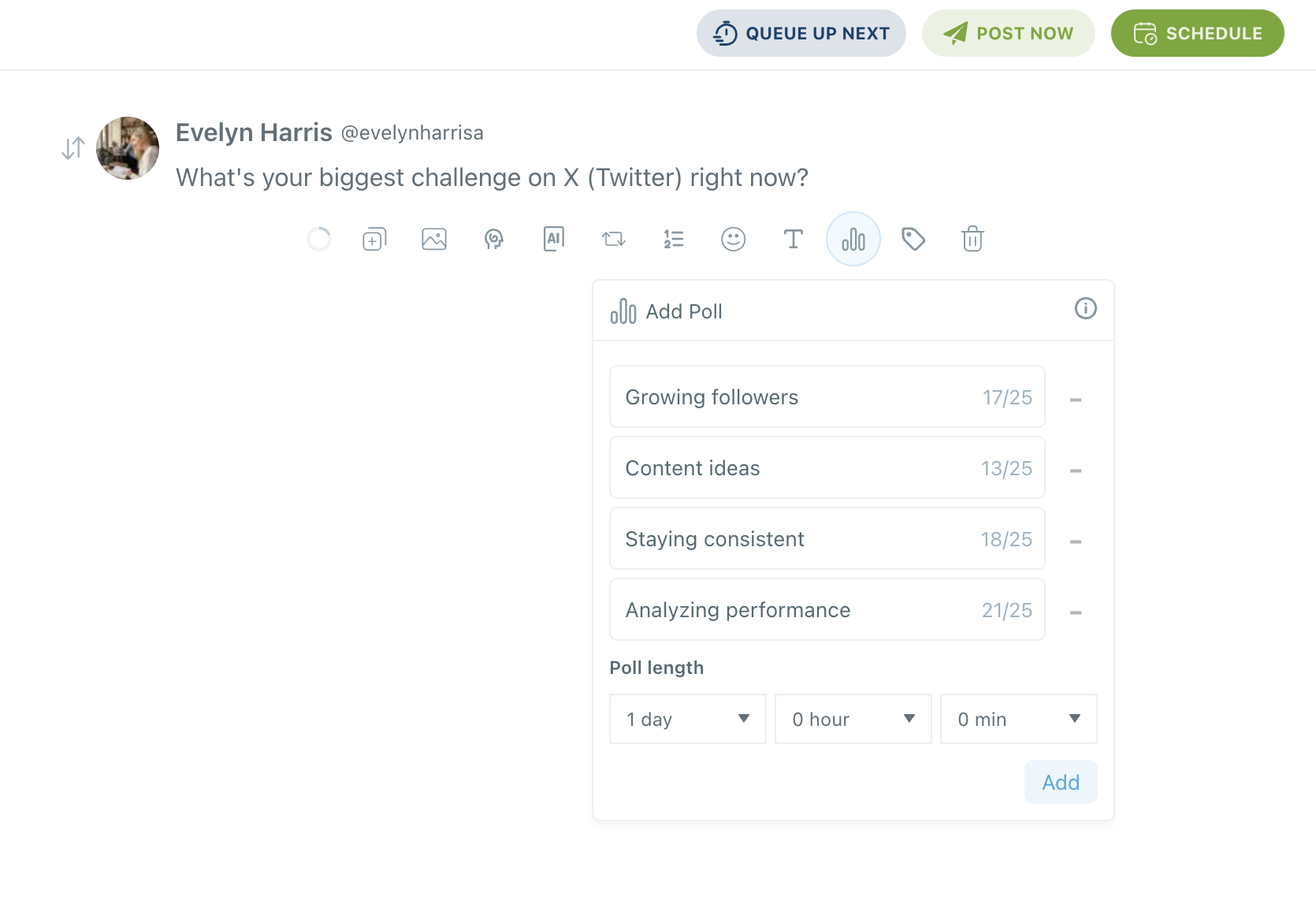 X Post Planner editor with the Add Poll panel open, showing four poll choices with character counters, poll length dropdowns and the Add button
