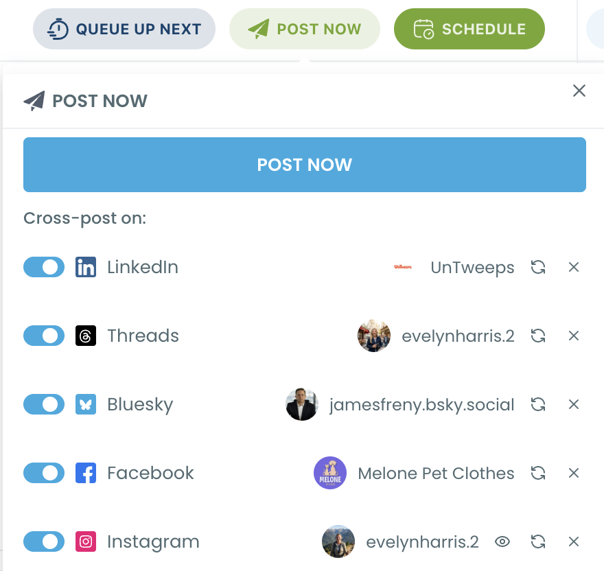 Cross-post options in Circleboom's composer for LinkedIn, Threads, Bluesky, Facebook and Instagram.