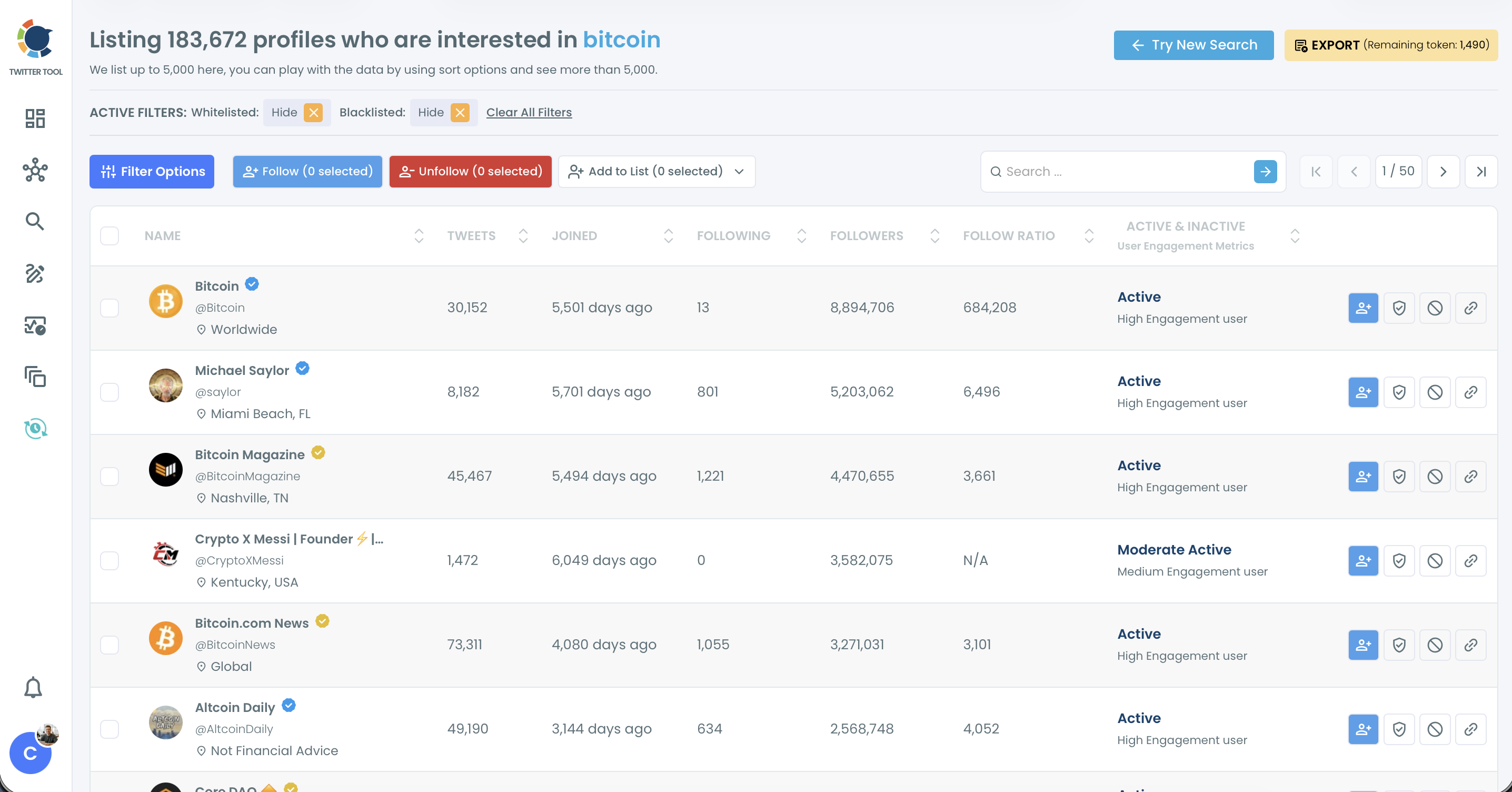Deep Account Search results for bitcoin: the account grid with Try New Search, Filter Options, Follow, Unfollow and Add to List.