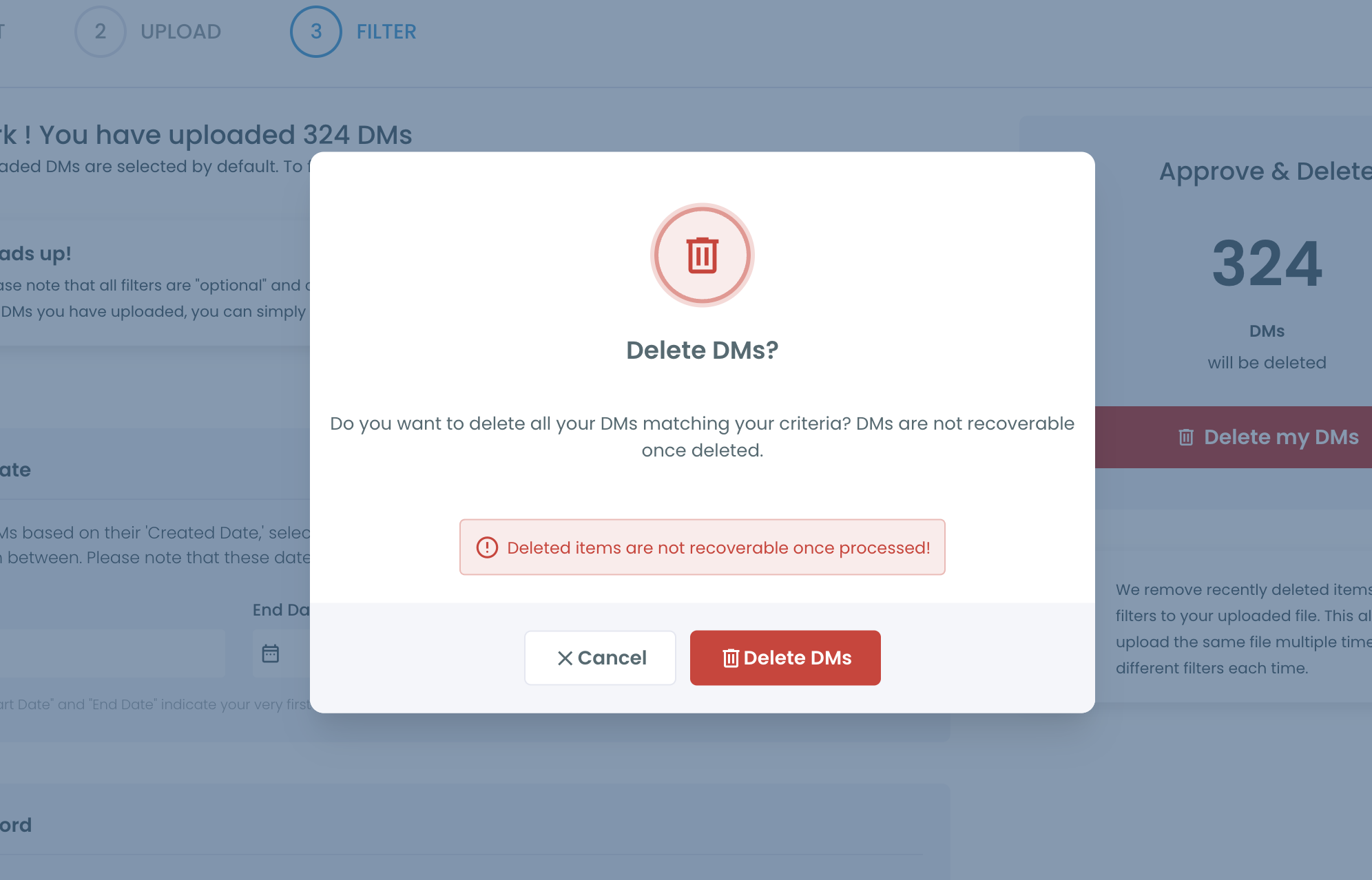 Delete DMs confirmation pop-up warning that deleted items are not recoverable