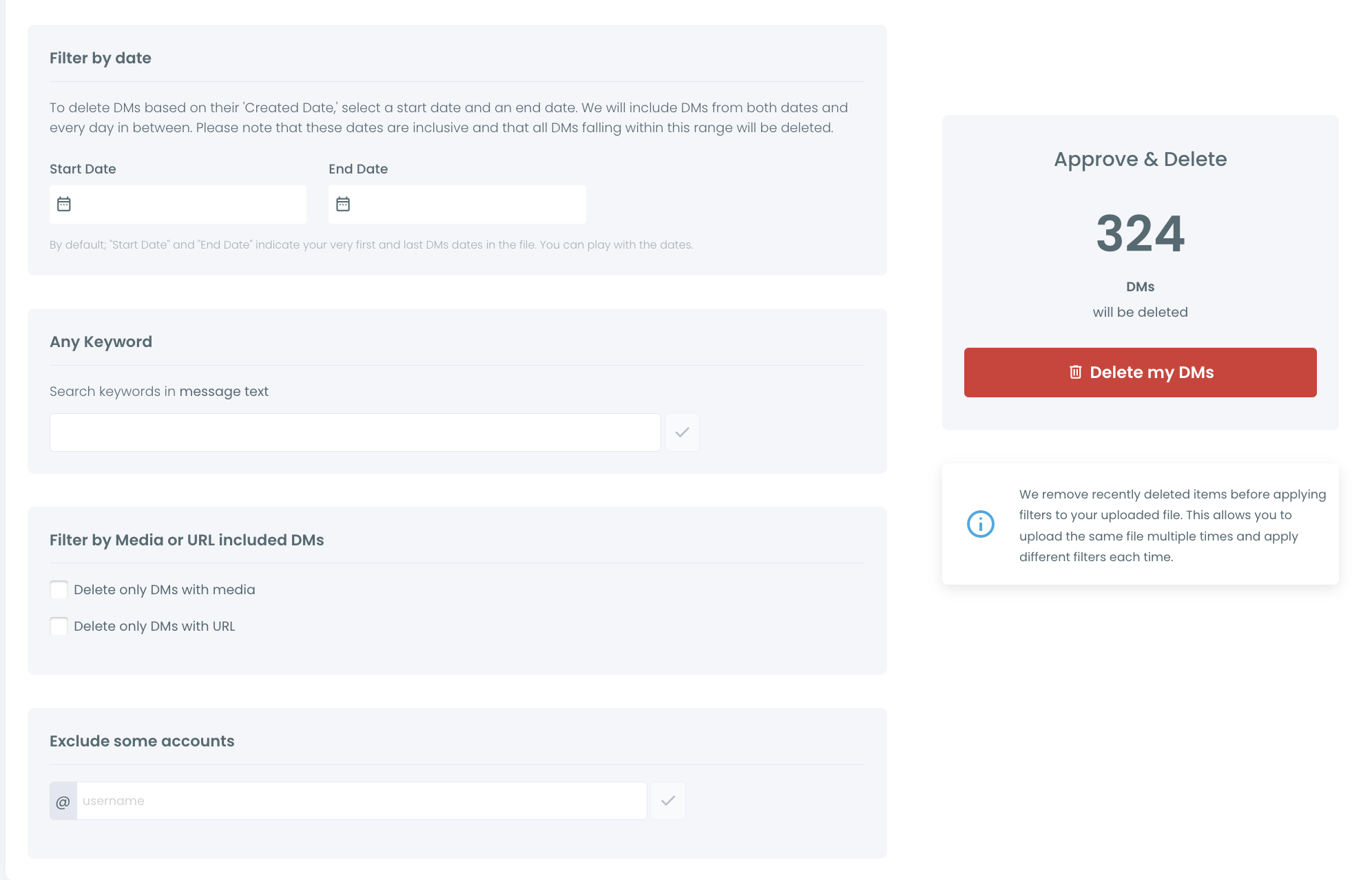 Delete All DMs filter step with date range, keyword, media and URL filters, excluded accounts, and the Approve & Delete box