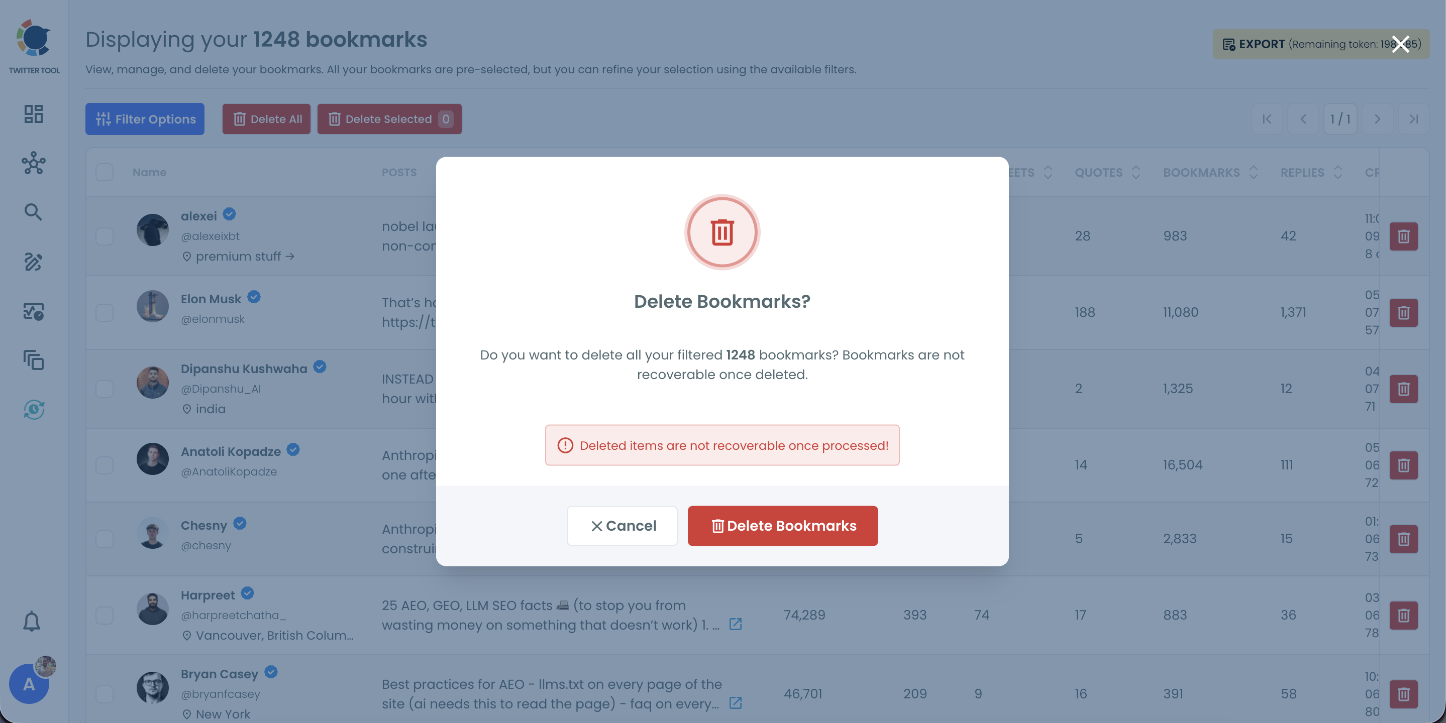 Delete Bookmarks confirmation