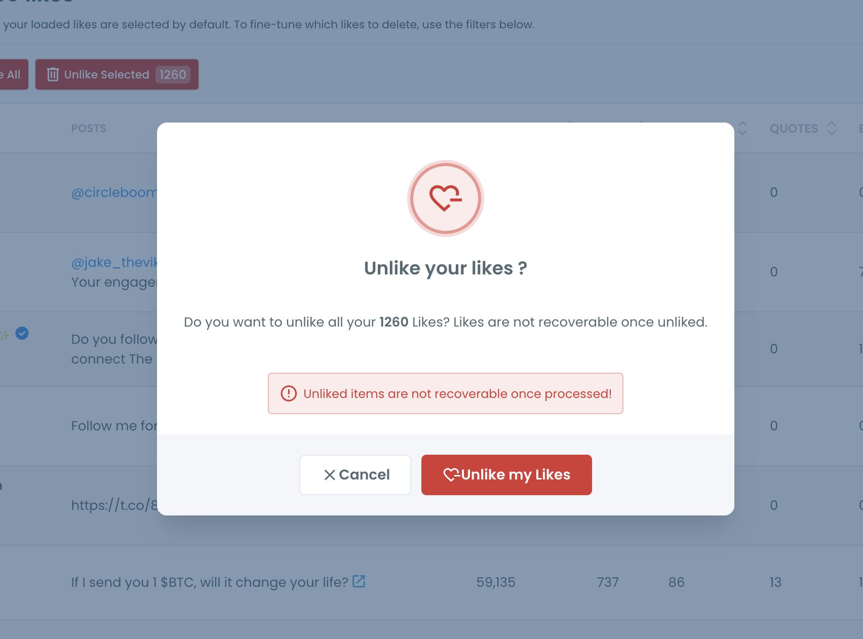 Delete My Last Likes Unlike your likes confirmation pop-up with the Unlike my Likes button