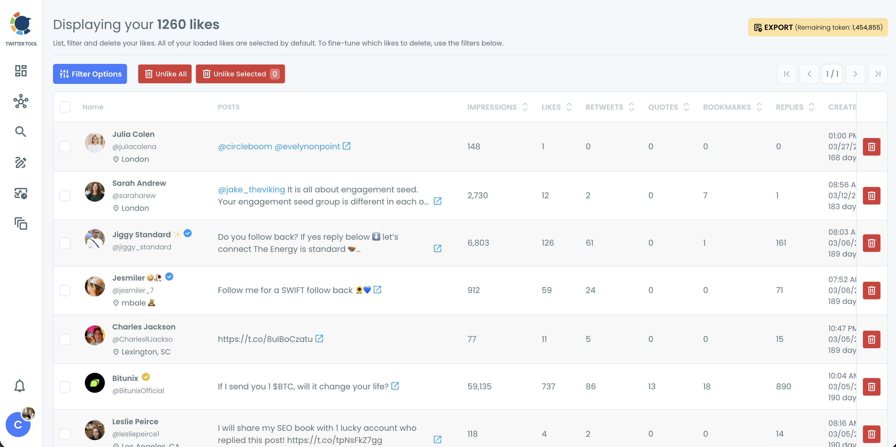 Delete My Last Likes list showing liked posts with their metrics, and the Filter Options, Unlike All and Unlike Selected buttons
