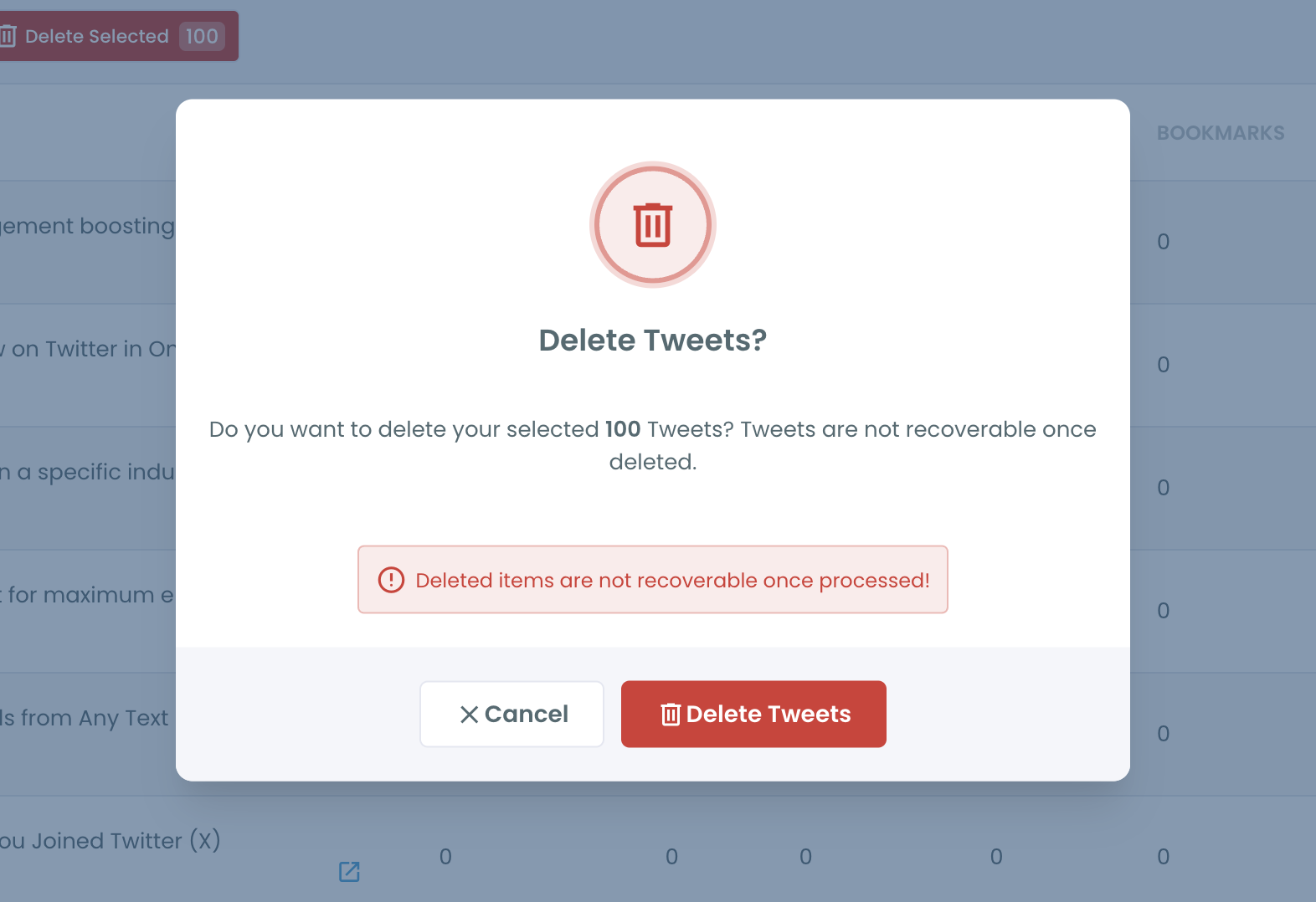 Delete My Last Tweets list with the Delete Tweets confirmation pop-up for the selected tweets