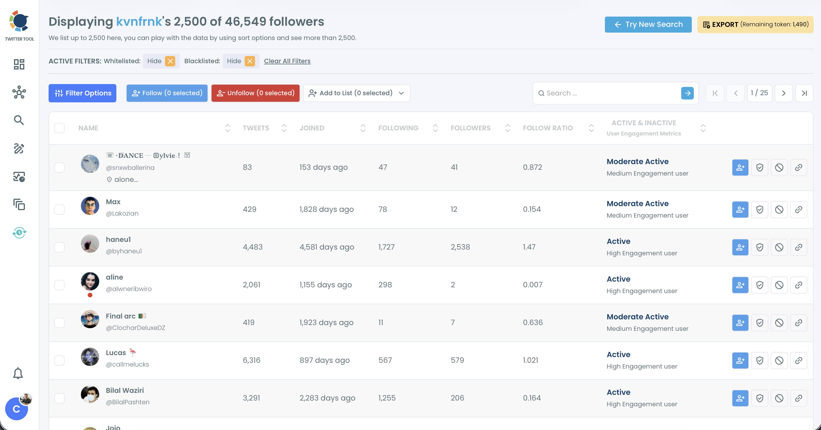 Followers / Following Search results