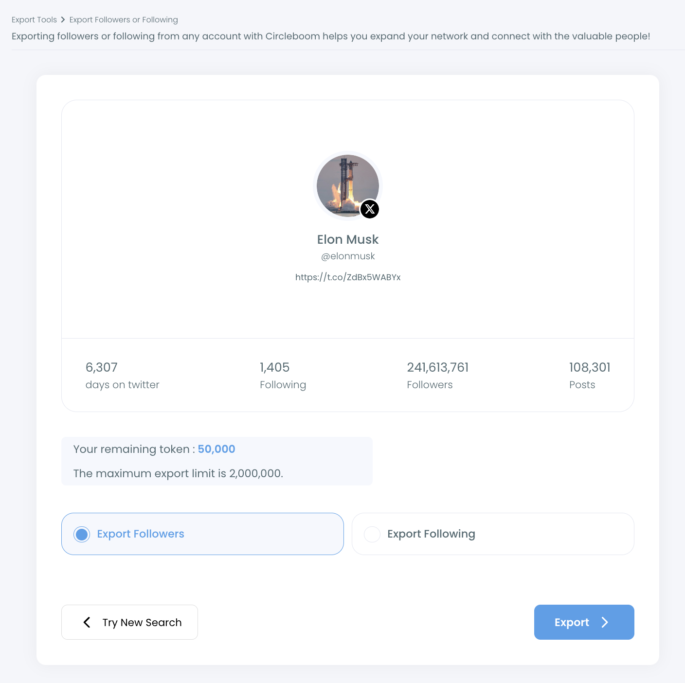 Export Followers or Following screen with a profile card, remaining token balance and the Export Followers option selected.