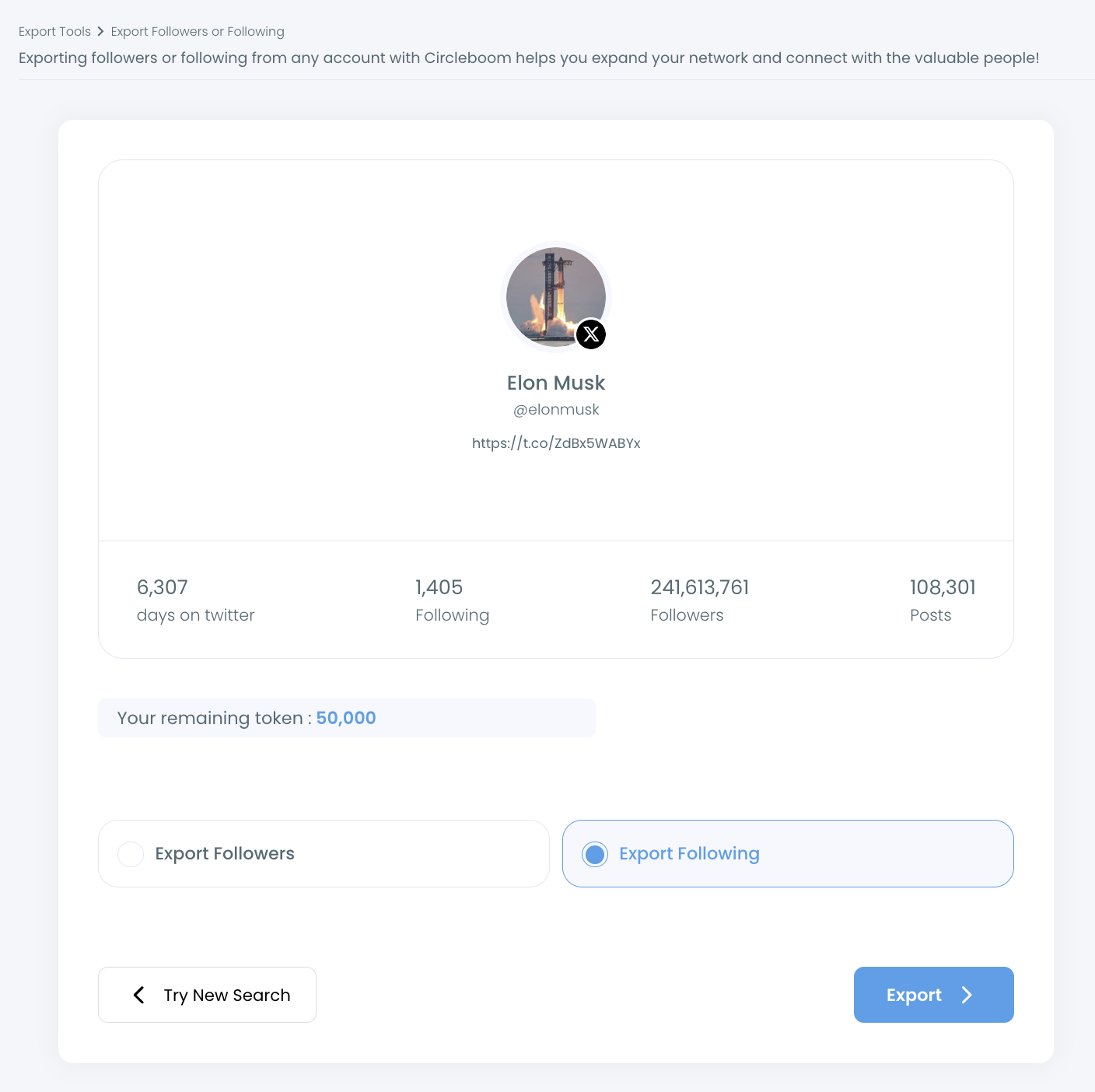 Export Followers or Following screen with a profile card, the token balance and Export Following selected.