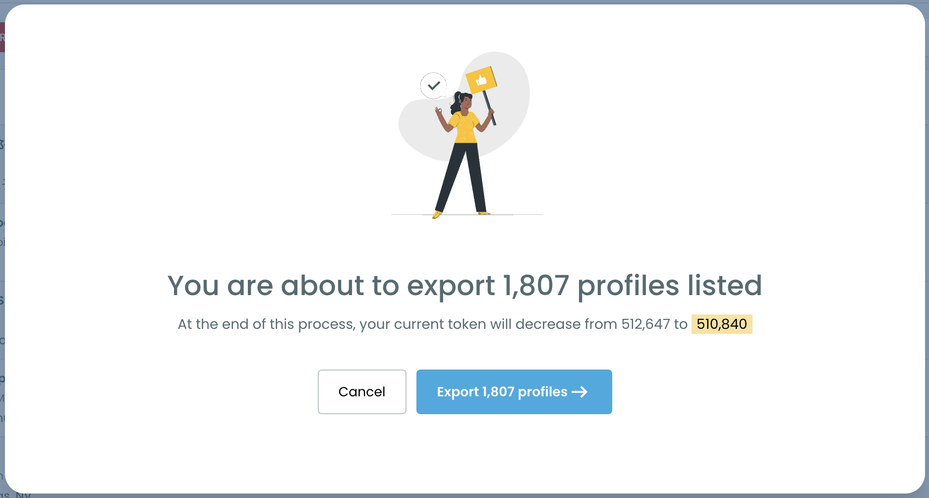 Export confirmation pop-up for a listed account grid with the Cancel and Export buttons
