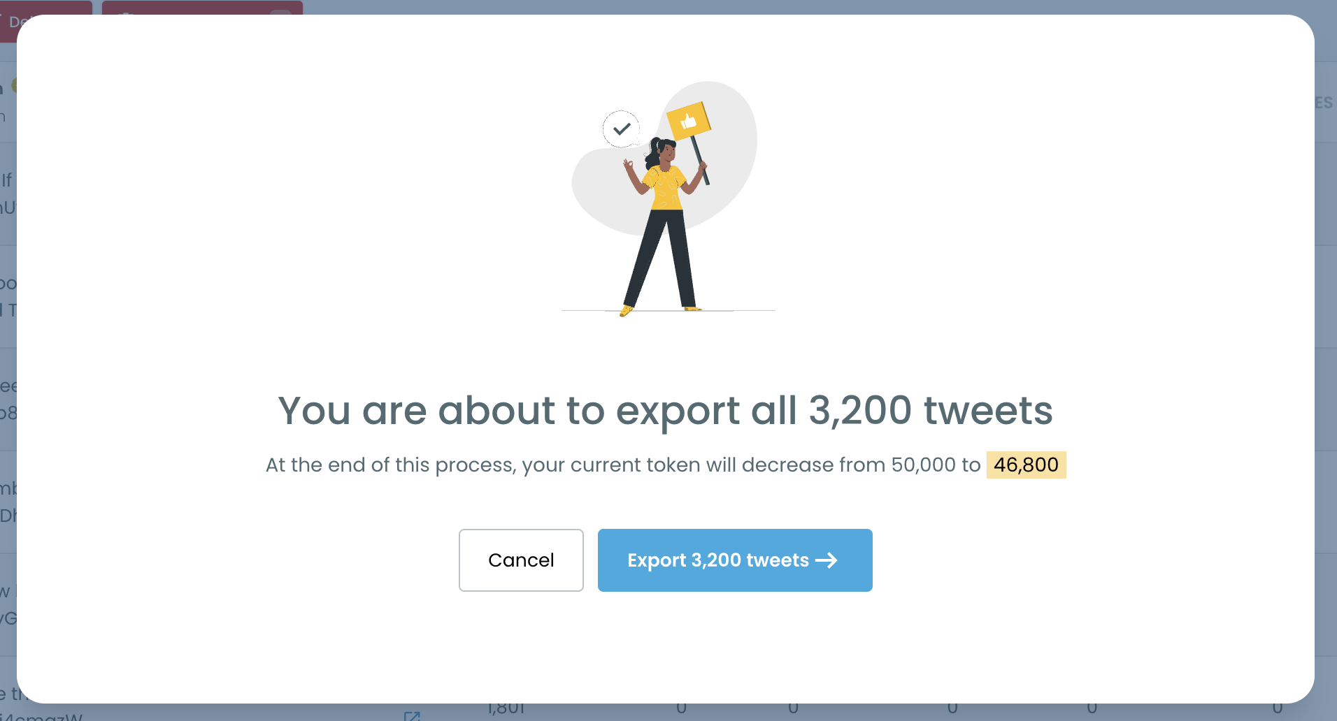 Export Tweets confirmation pop-up with the Cancel and Export buttons