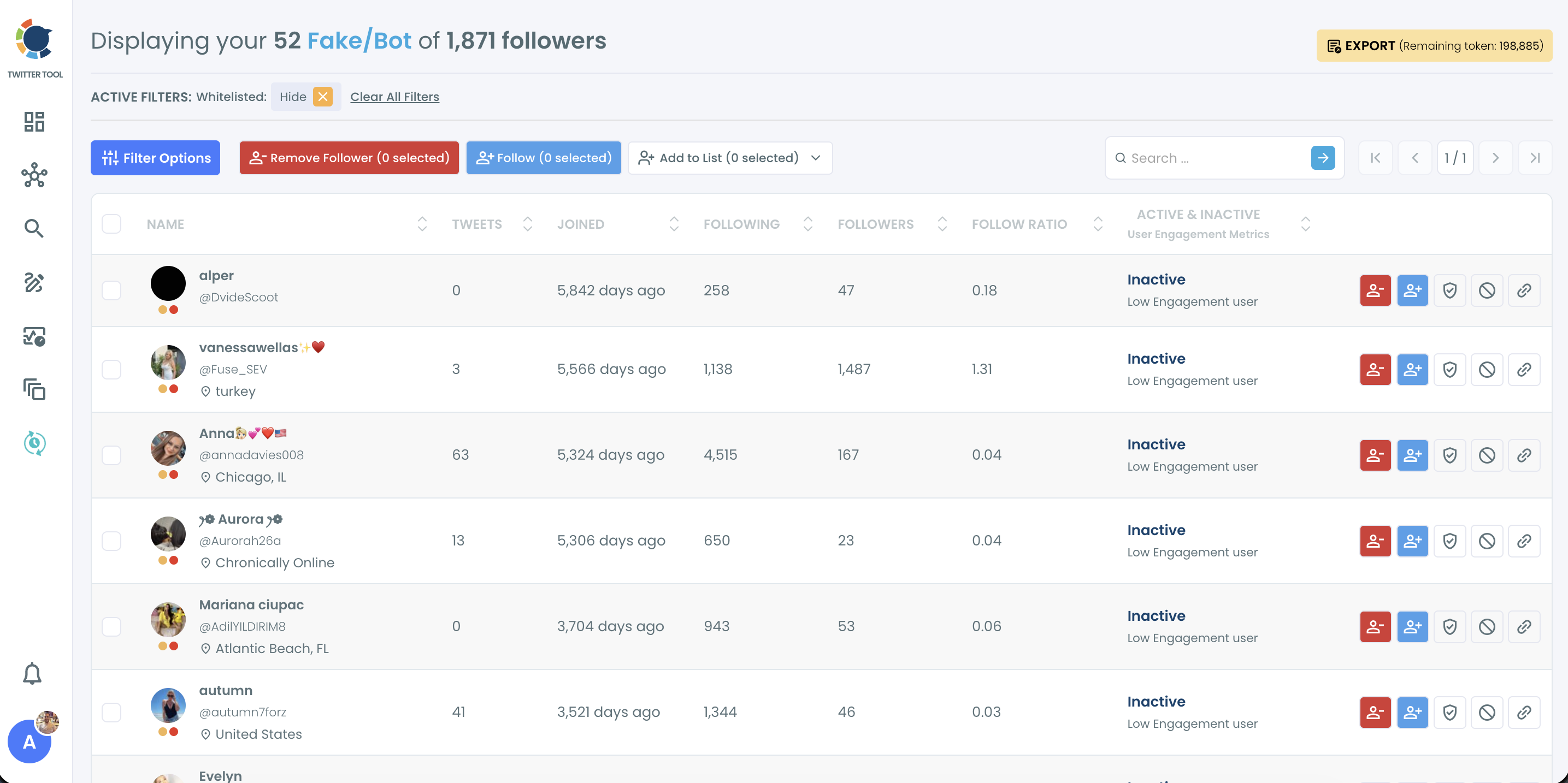 Fake/Bot Followers list of 52 flagged accounts from 1,871 followers, each row with a remove, follow, whitelist, blacklist and profile icon.