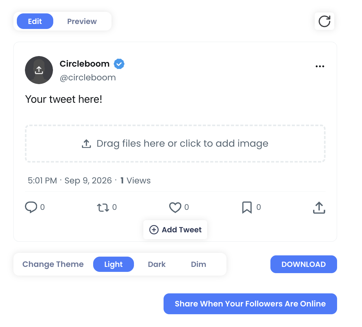 X post mockup editor in Circleboom's fake tweet generator, with Edit and Preview modes and theme options.