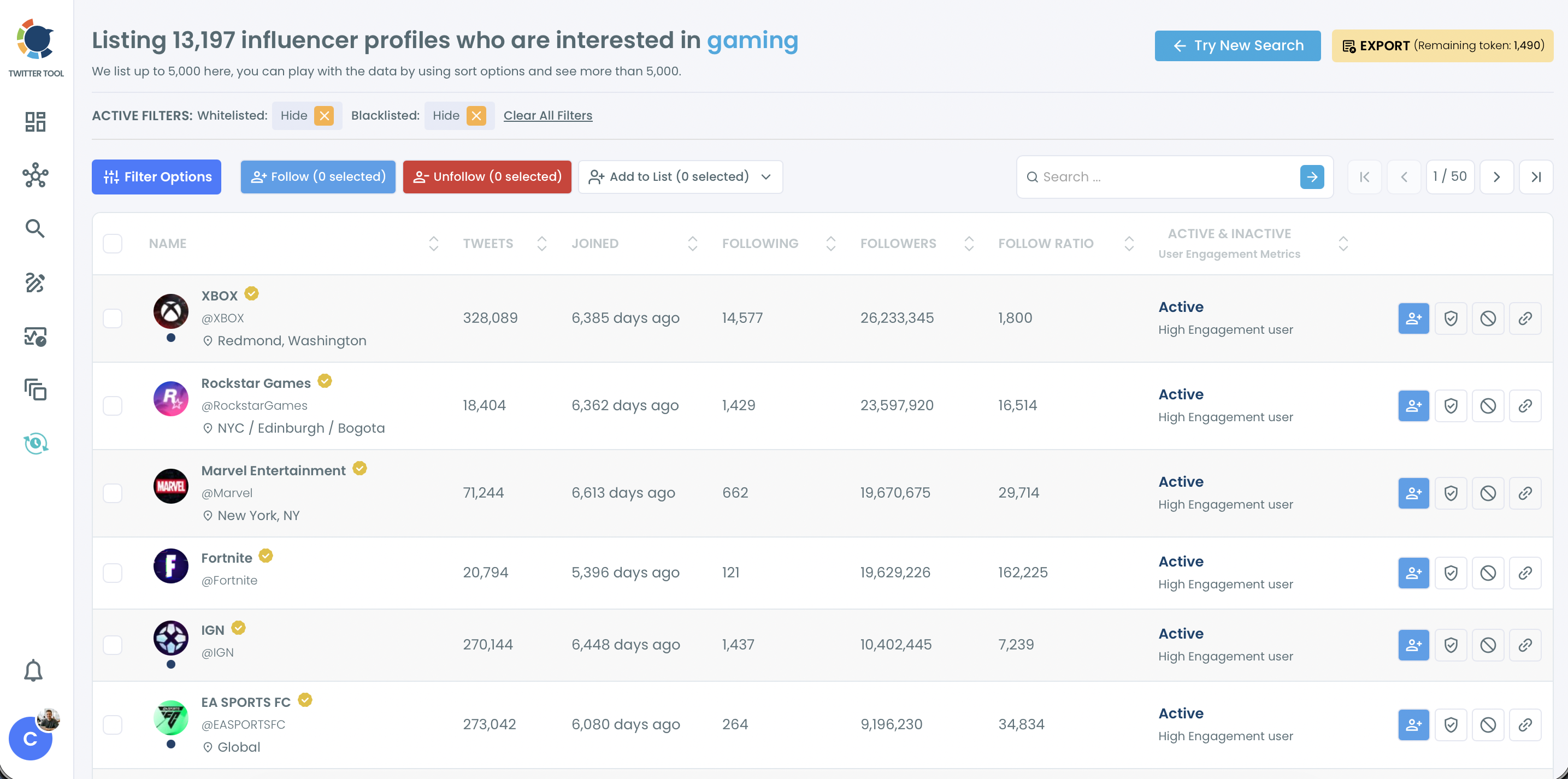 Circleboom Find Influencers results listing influencer profiles interested in gaming