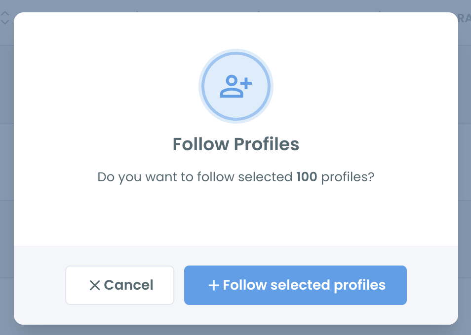 Follow Profiles confirmation pop-up with the Follow selected profiles button