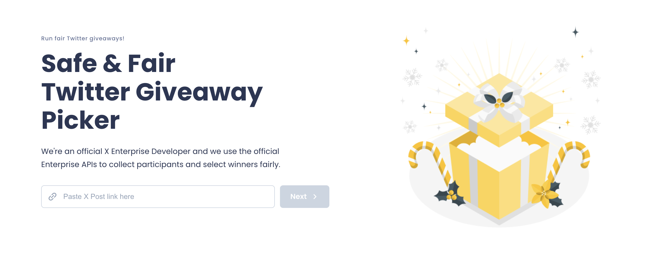 Free Giveaway Picker landing page with the Paste X Post link here field and the Next button