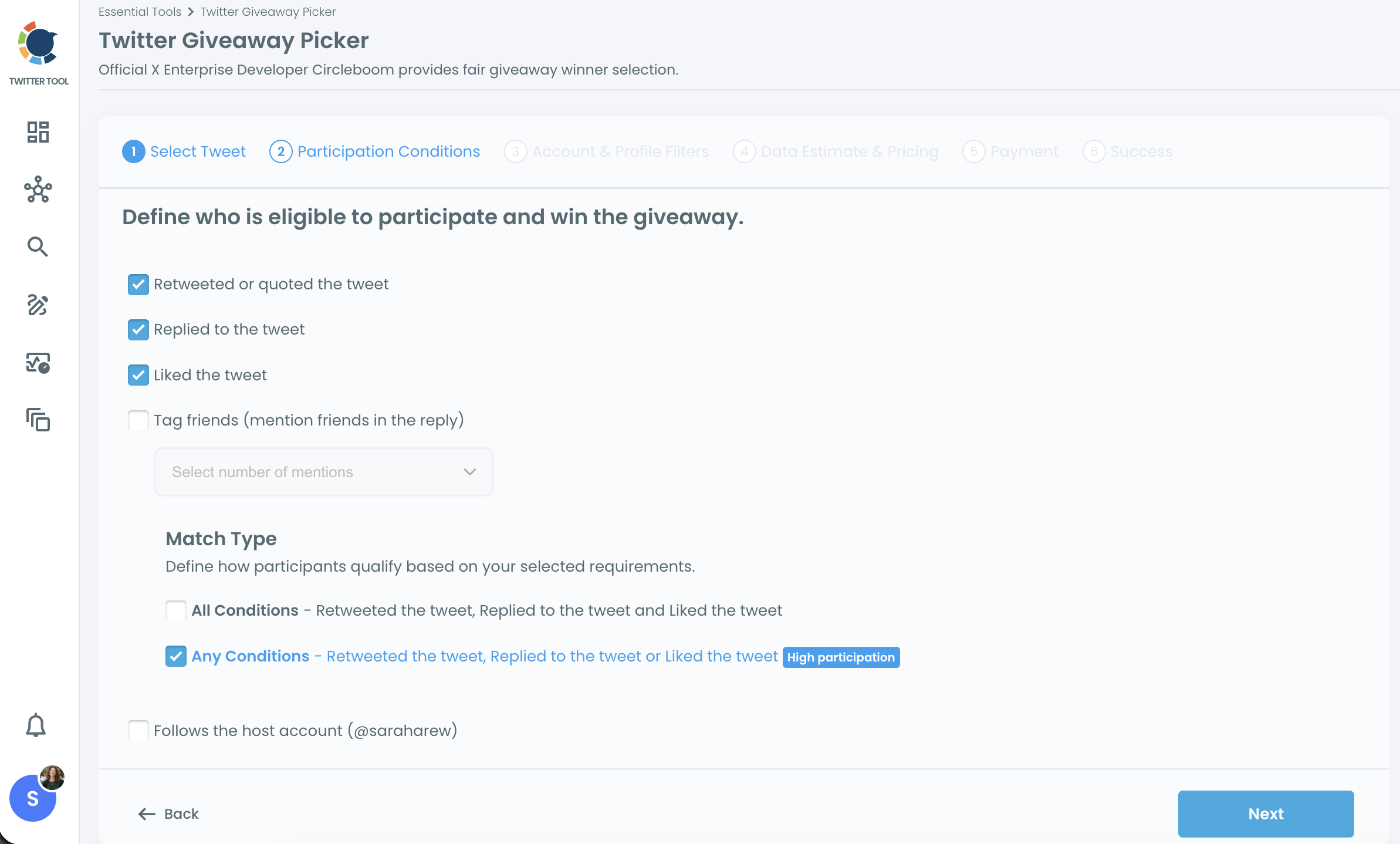 Giveaway Picker Participation Conditions step with reply, retweet, like, tag friends, match type and follow host account options