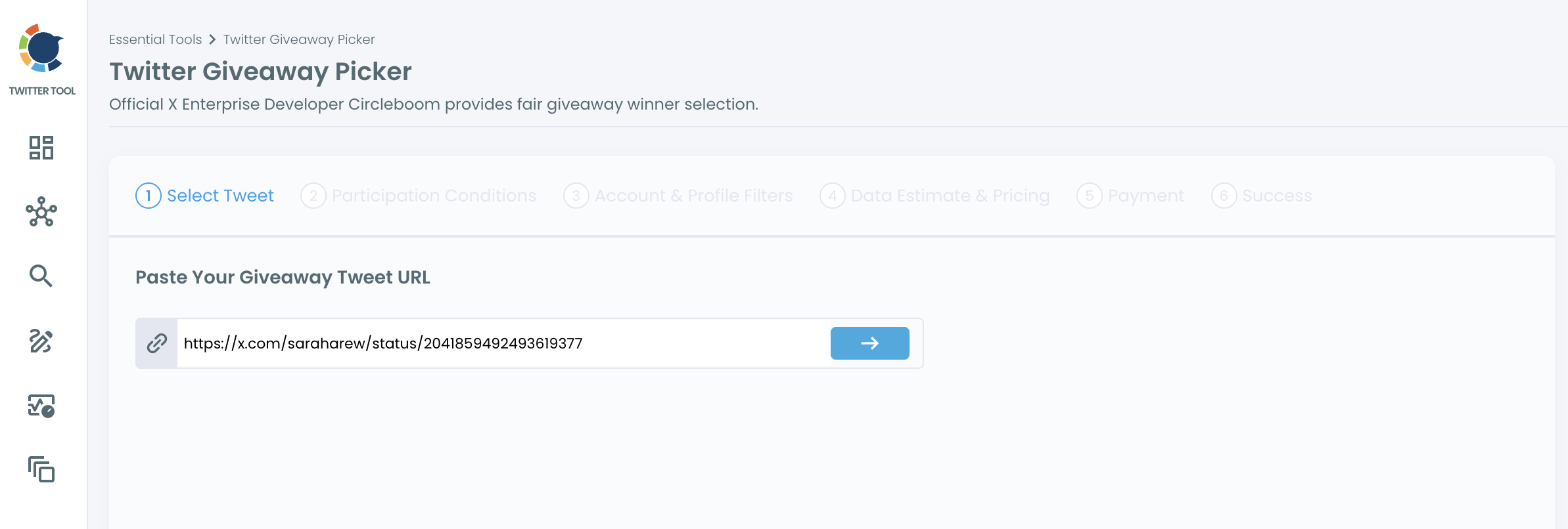 Twitter Giveaway Picker in Circleboom with the field for the giveaway post URL.