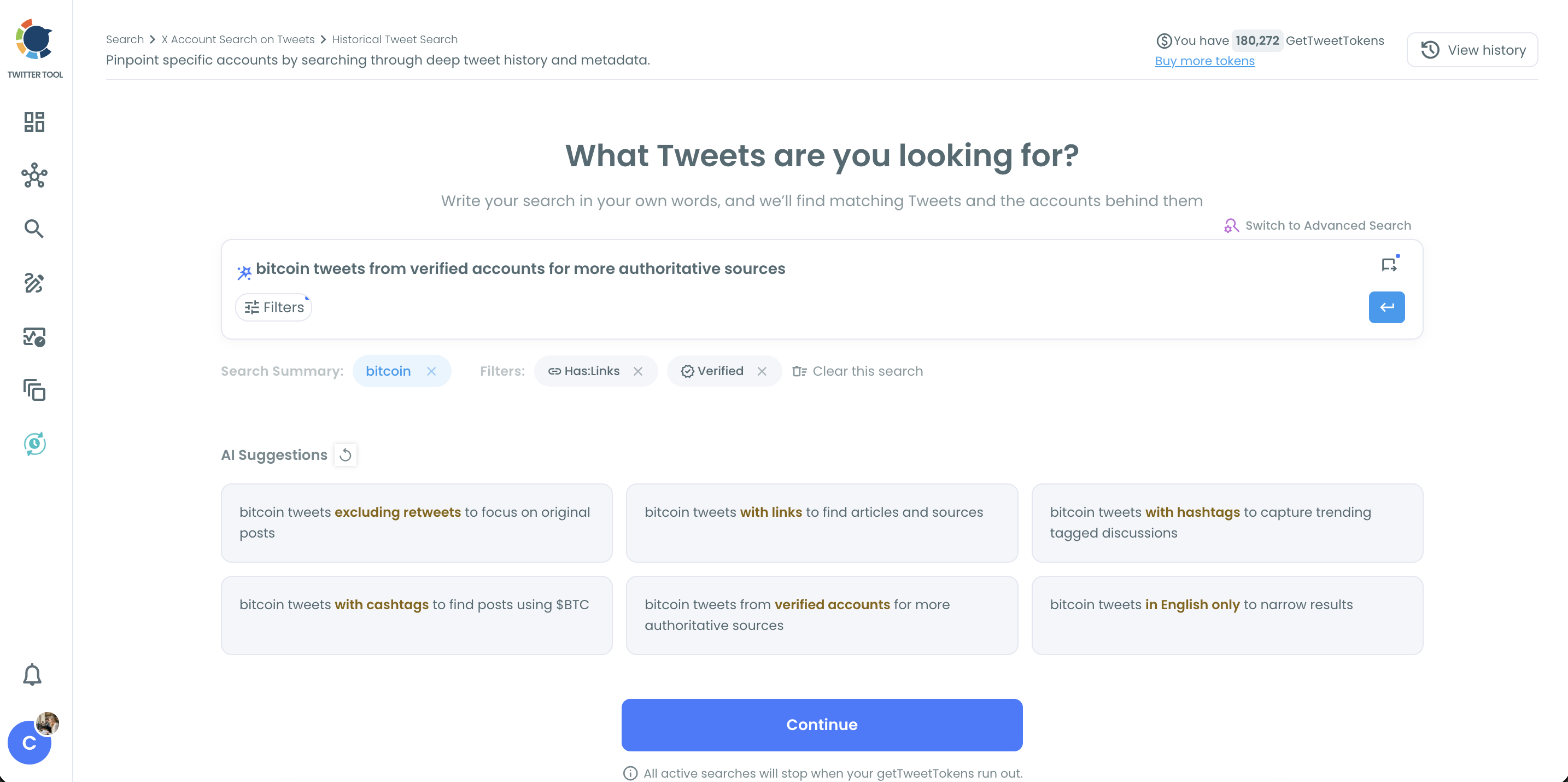 Historical Tweet Search query step with search summary chips, filters and AI Suggestions for a plain-language request