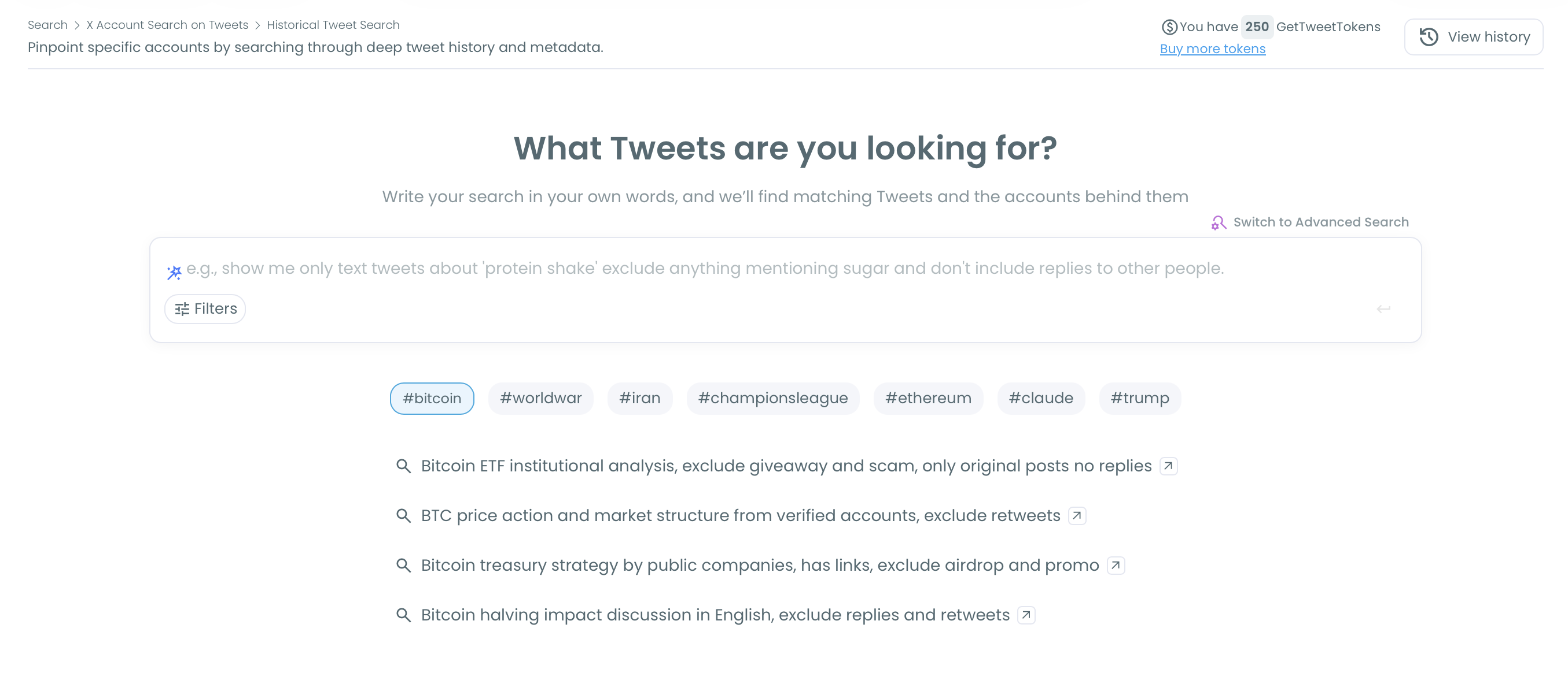 Historical Tweet Search start screen with the plain-language search box, Filters button, trending hashtag chips and example searches