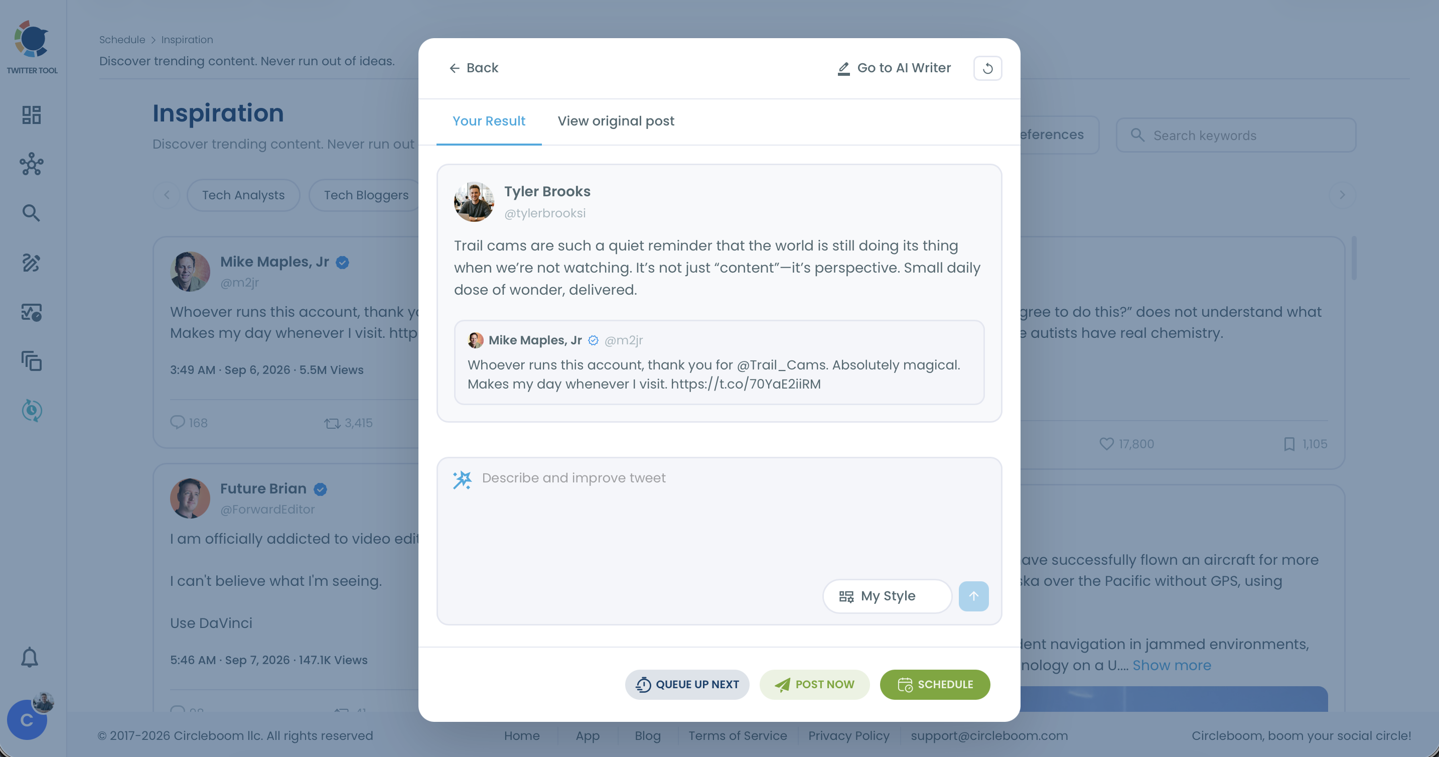 AI Quote result in Inspiration with the drafted comment above the quoted post, the improve box, My Style and posting buttons.