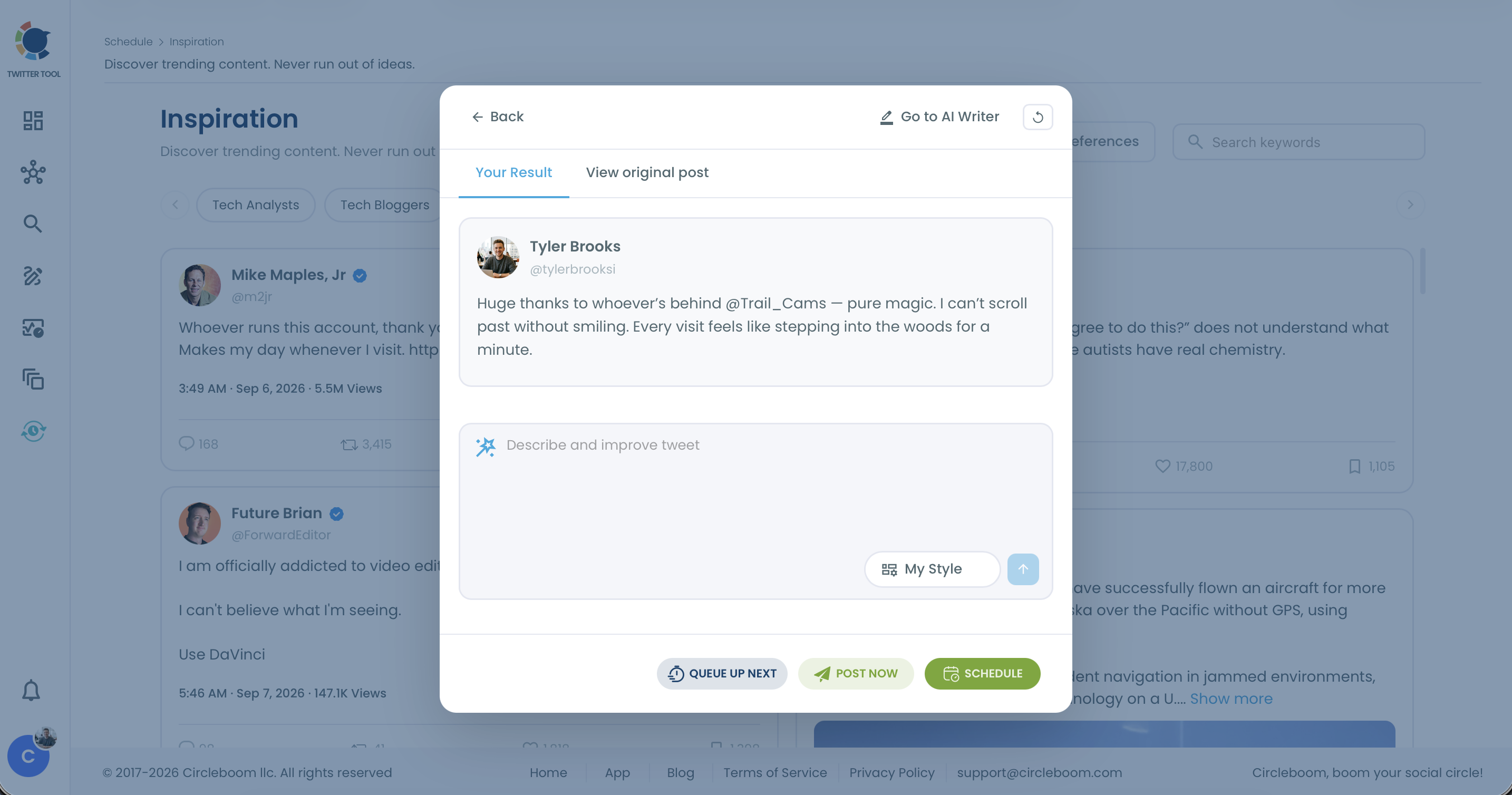 Rewrite action on a trending post in Circleboom's Inspiration feed, drafting a new tweet in your own style.