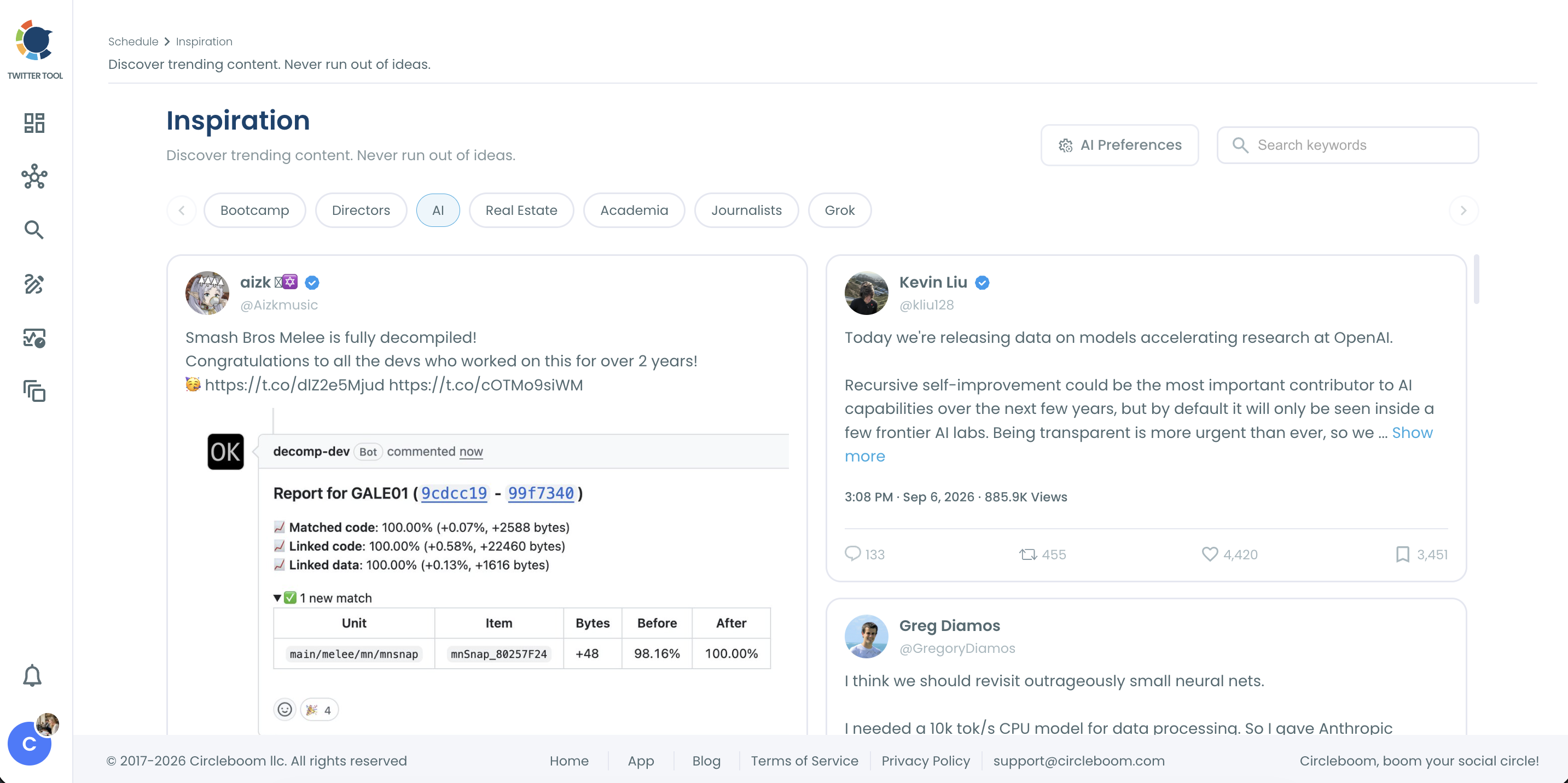 Circleboom Inspiration feed with trending posts in the chosen topics and the engagement counts on each card.