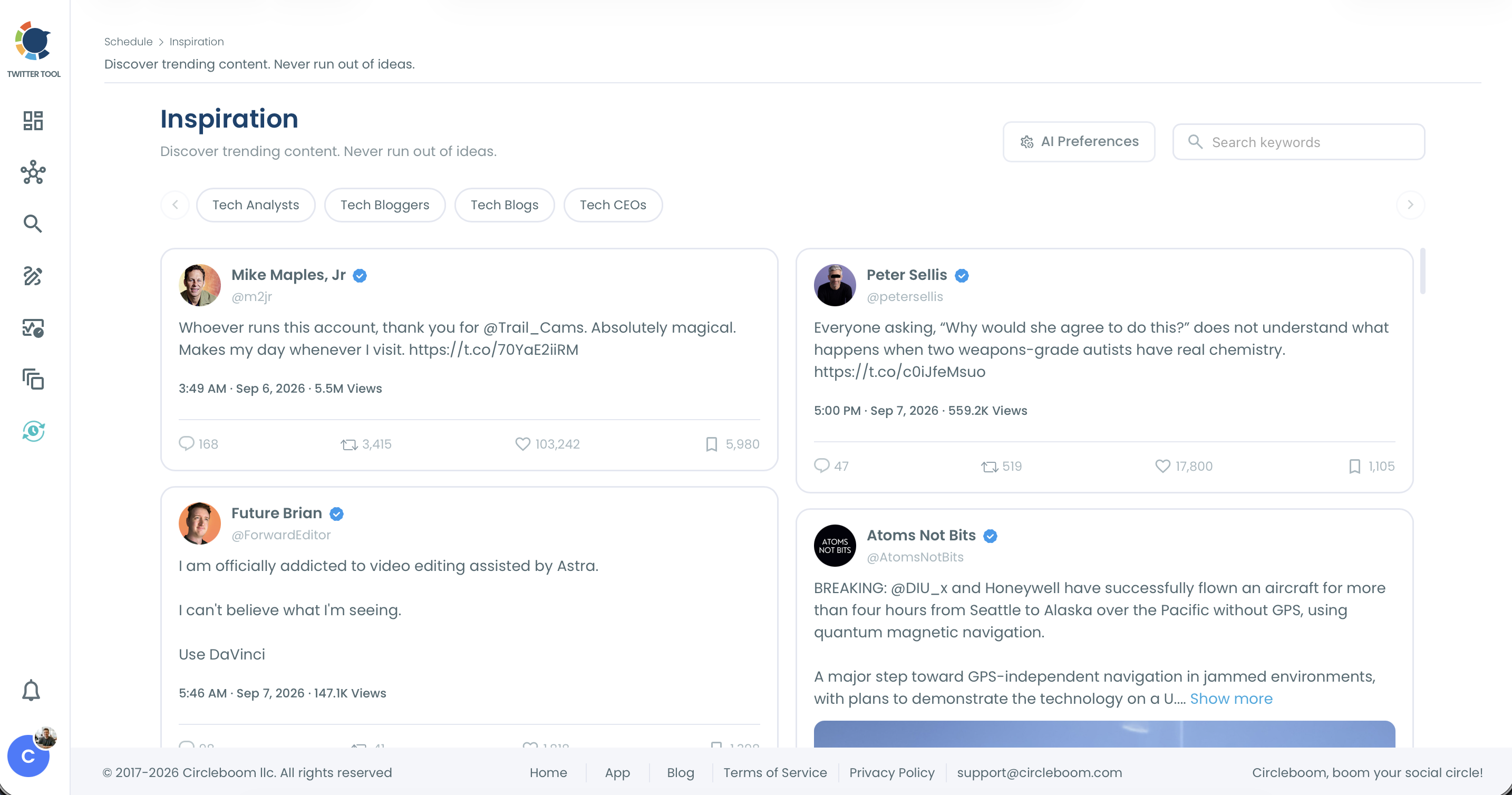 Circleboom Inspiration feed showing trending posts in Tech categories with their metrics, AI Preferences and keyword search