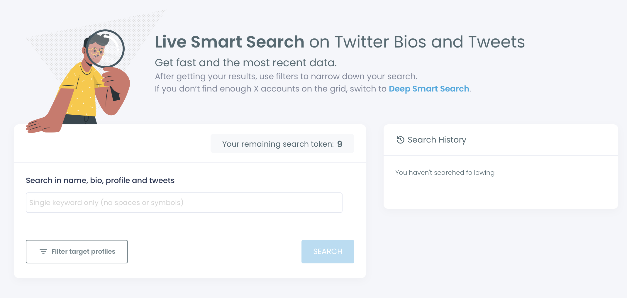 Live Smart Search on Twitter Bios and Tweets screen with its keyword box, search token count and a link to Deep Smart Search.