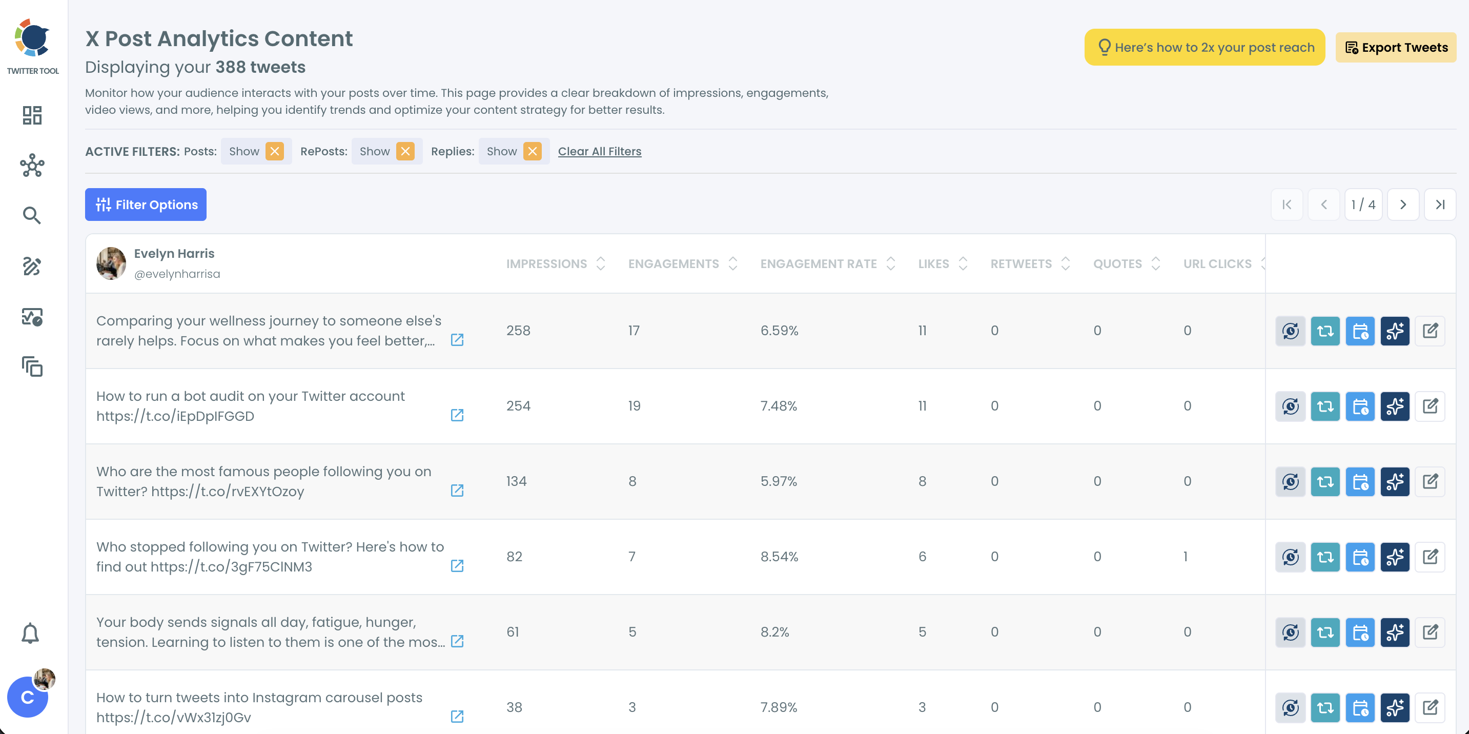 X Post Analytics content page listing tweets with impressions, engagements, engagement rate, likes, retweets, quotes and URL clicks, with Filter Options and Export Tweets