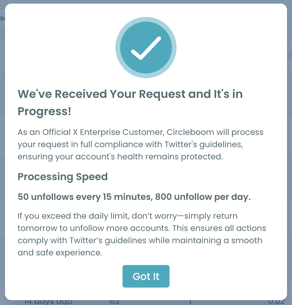 Request in progress pop-up after a bulk unfollow showing the 800 per day unfollow limit and next-day continuation
