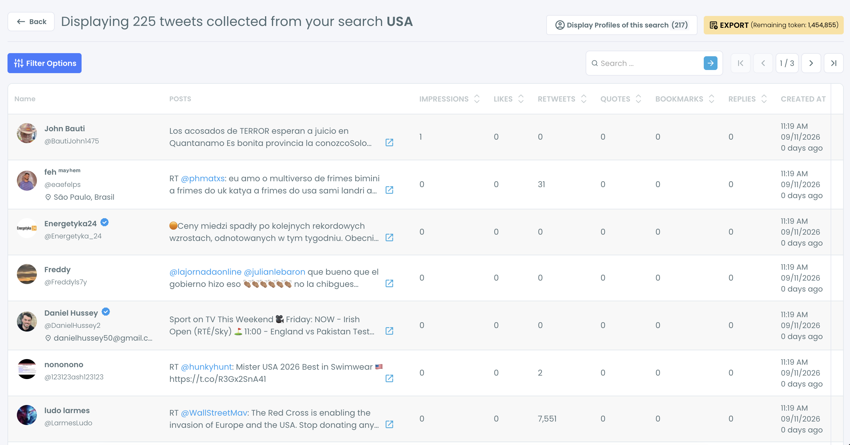 Real-Time Tweet Search tweets view with each tweet's impressions, likes, retweets, quotes, bookmarks, replies and date, and the Display Profiles of this search button