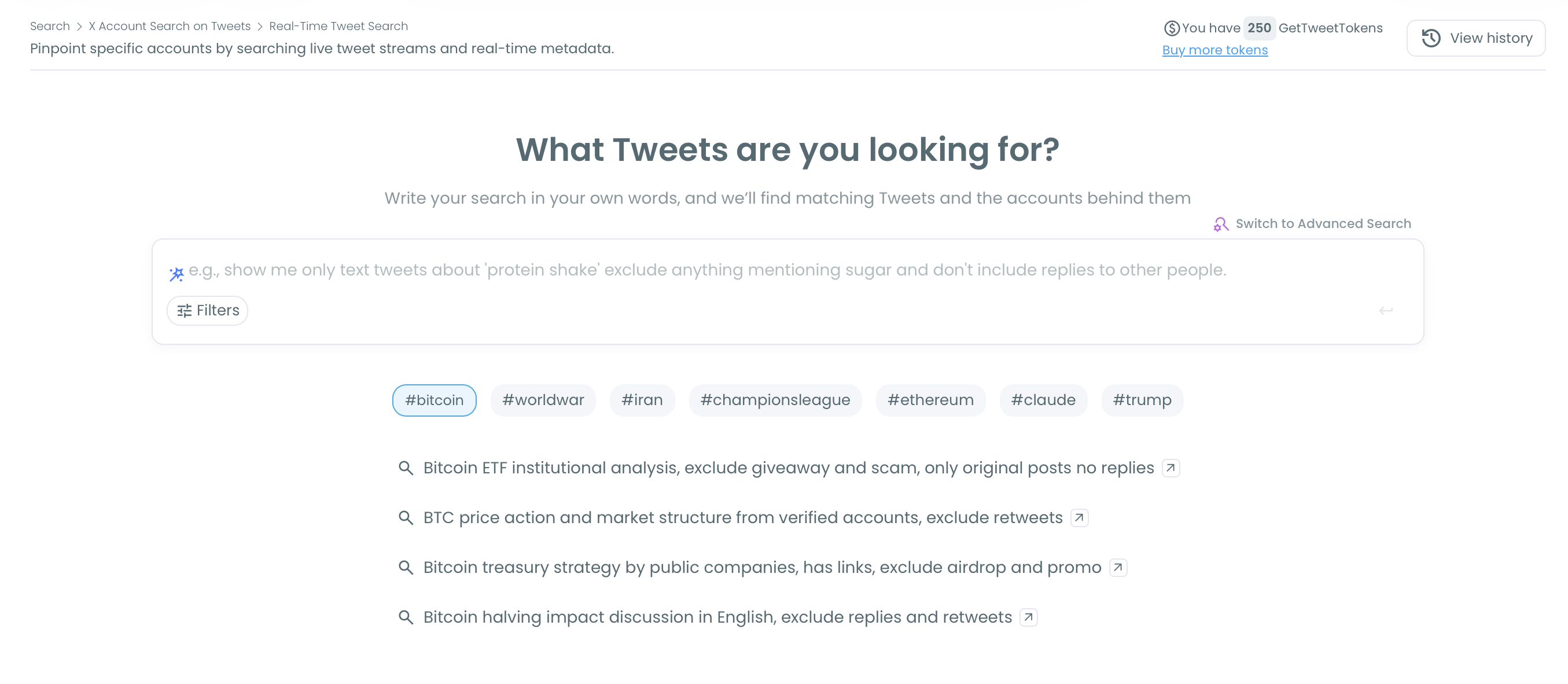 Real-Time Tweet Search start screen with the plain-language search box, Filters, trending hashtag chips and example searches