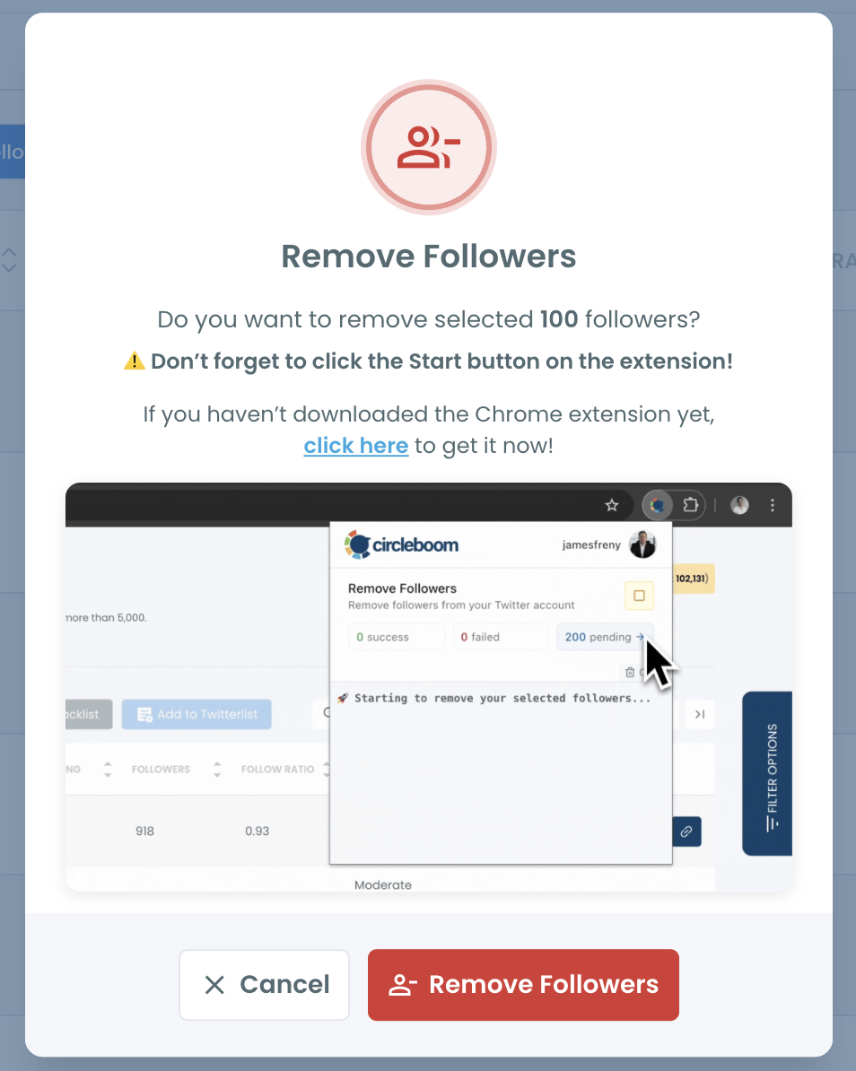 Remove Followers pop-up