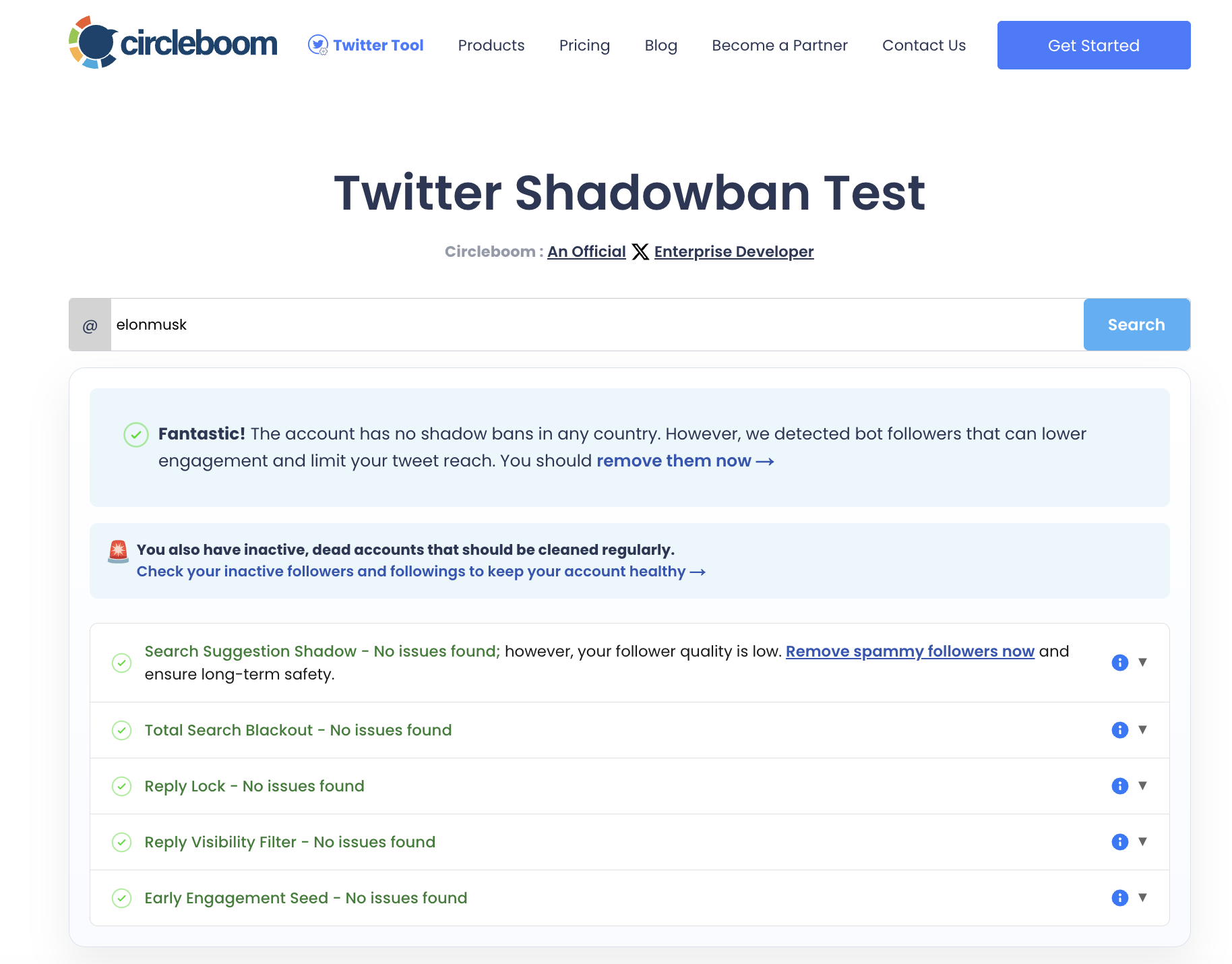 Twitter Shadowban Test result in Circleboom with a summary verdict and a separate result for each of five checks.