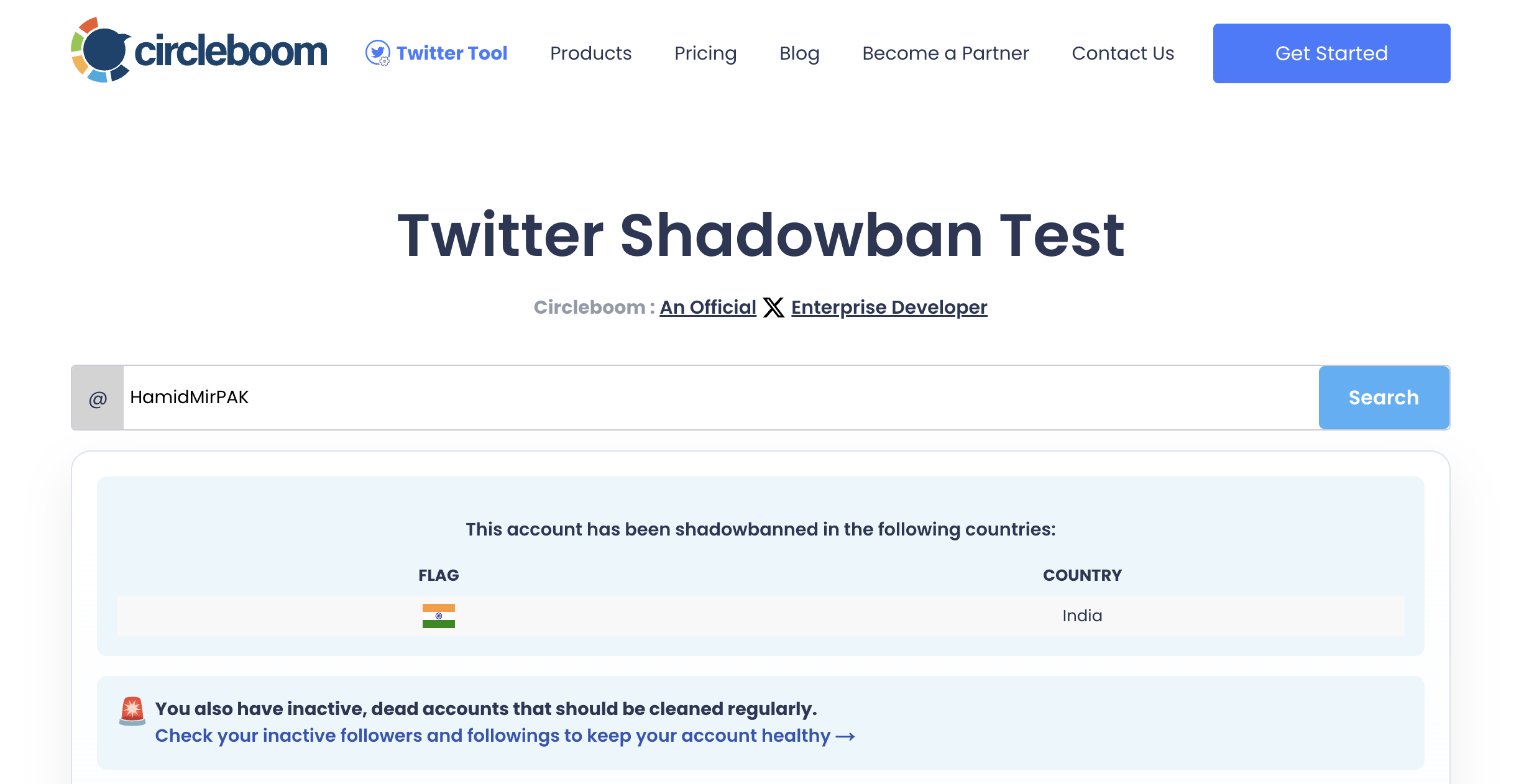 Shadowban Test result for a sample public account, listing the country where it is shadowbanned and an inactive followers warning.