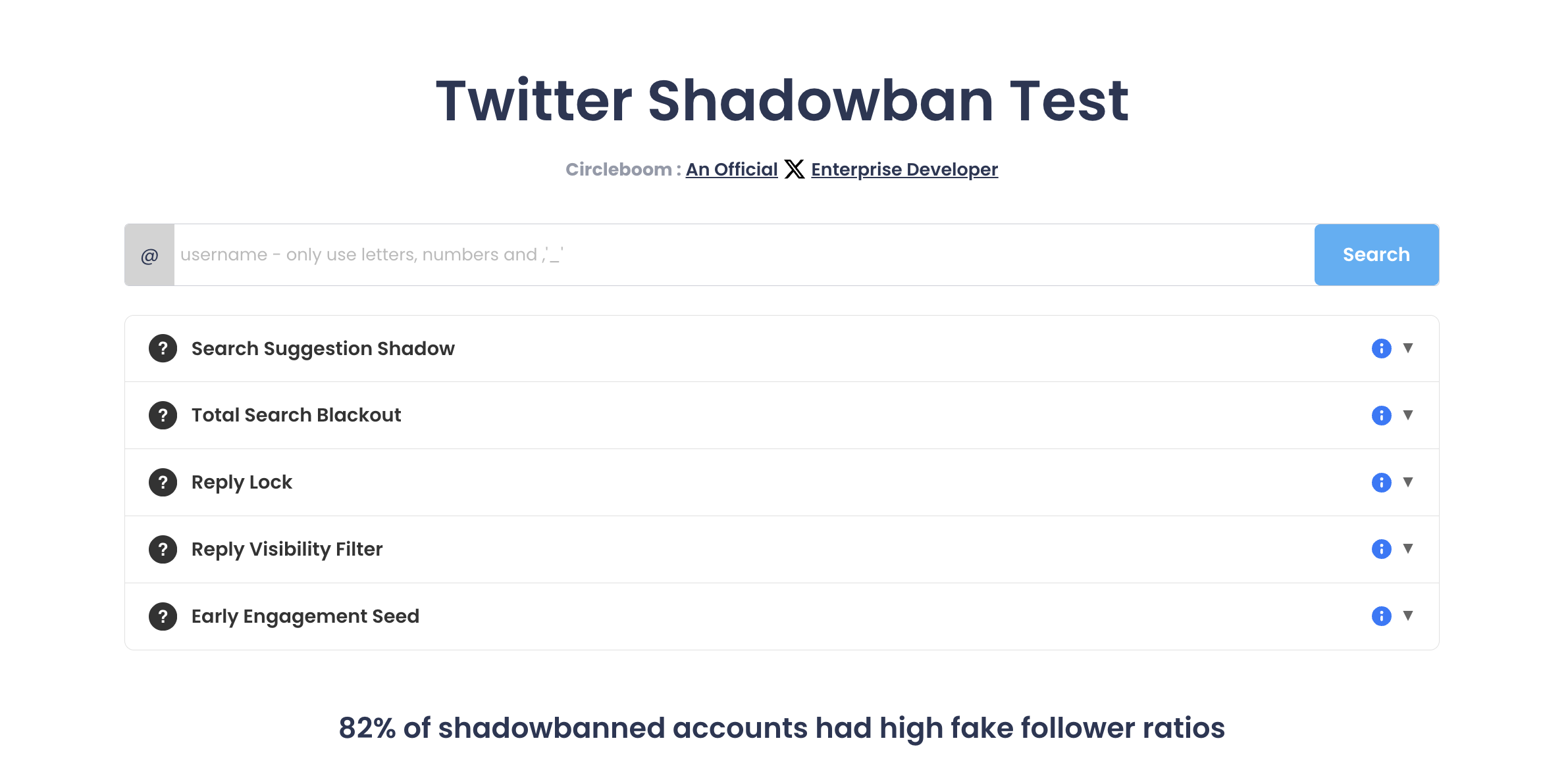 Twitter Shadowban Test in Circleboom with the username field, the Search button and the five restriction checks.