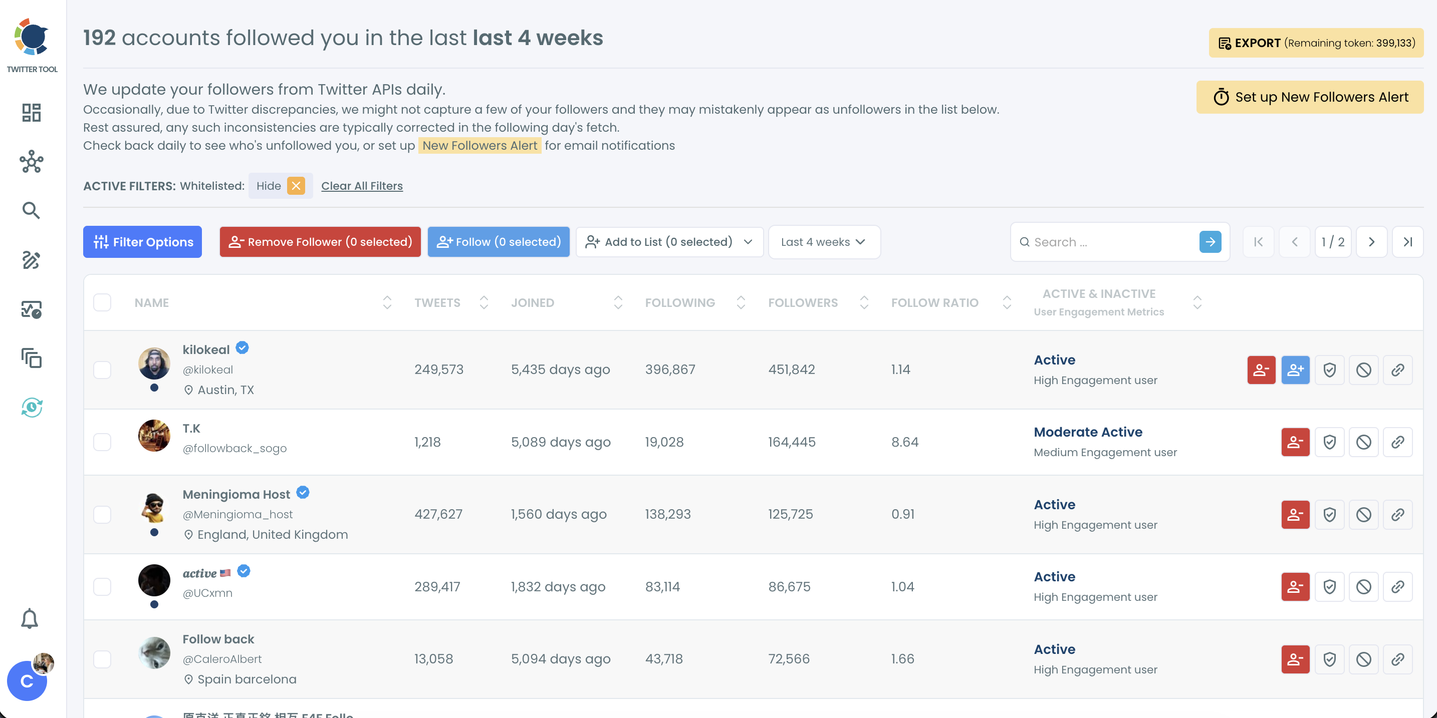 Circleboom Who Followed Me list with the Last 4 weeks period selected, showing new followers and Remove Follower, Follow and Add to List buttons