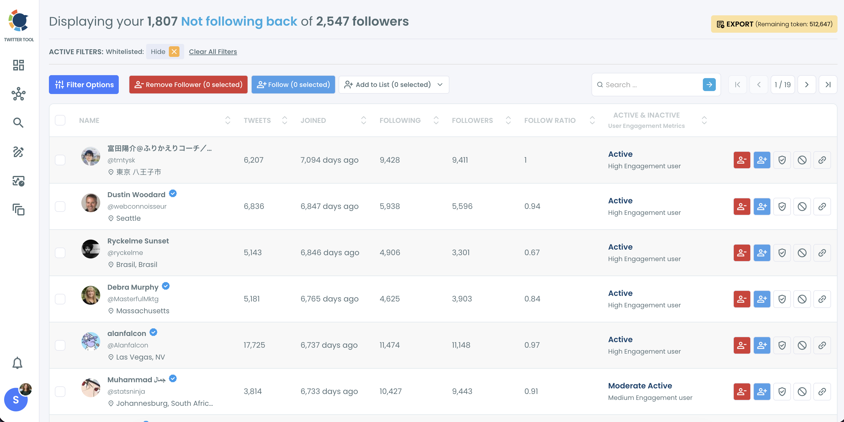 Circleboom table of 1,807 followers not followed back out of 2,547, with engagement labels and a Follow button on each row.